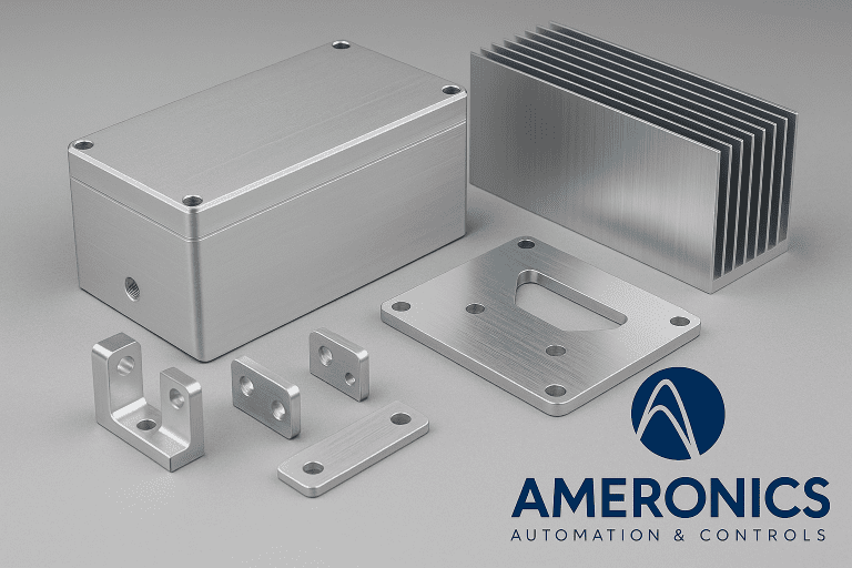 Custom mechanical engineering parts including aluminum enclosure, heatsink, and mounting brackets designed by Ameronics