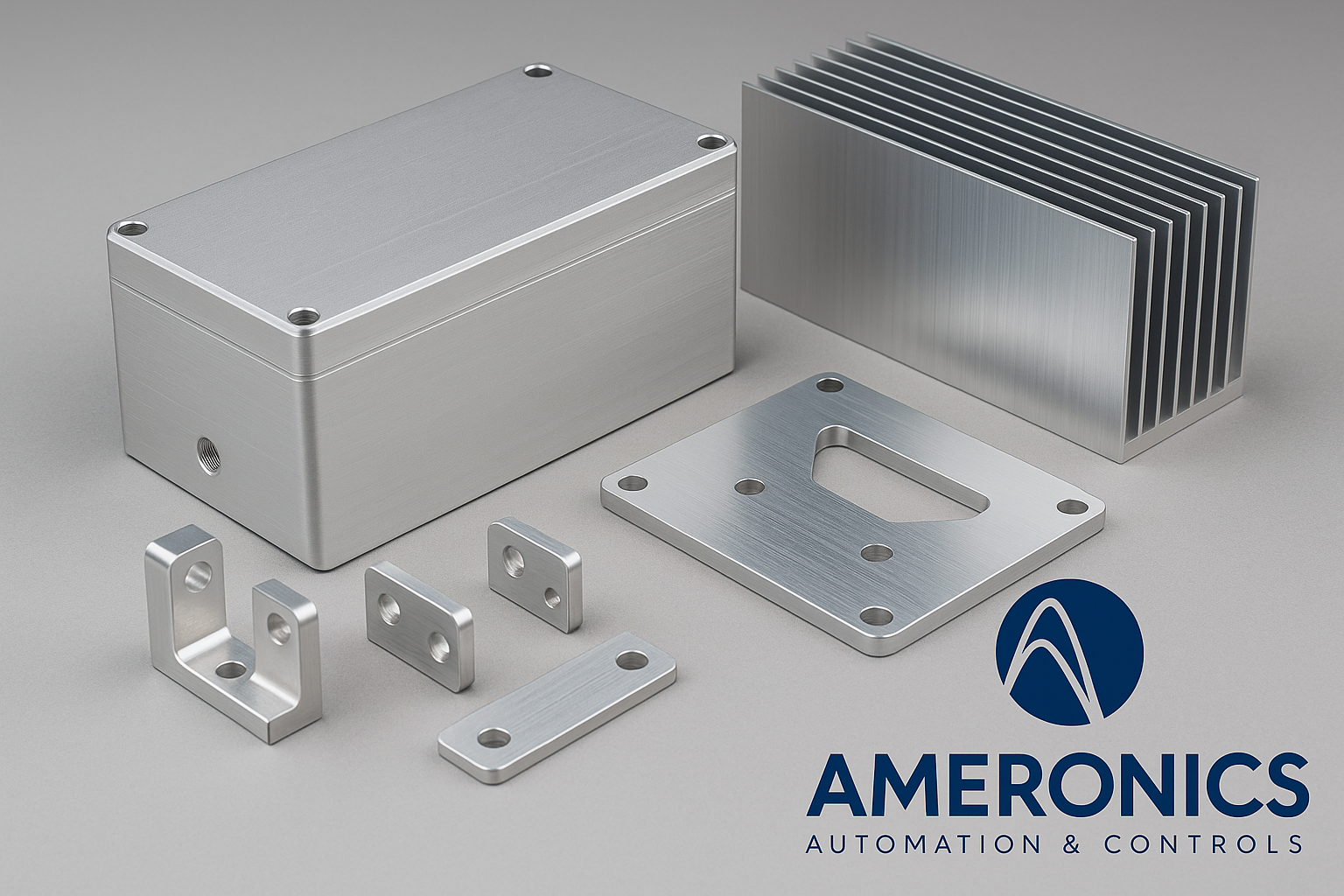 Custom mechanical engineering parts including aluminum enclosure, heatsink, and mounting brackets designed by Ameronics